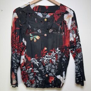 Citron Women Cinched Hem Top 3X Black Floral Butterfly Cutout Embroidered Artsy